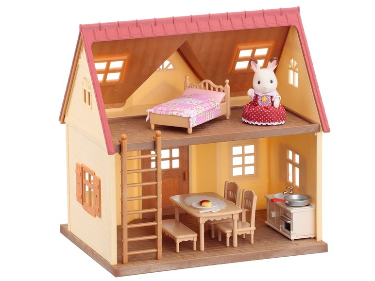 Ein Sylvanian Families Haus mit Schlafzimmer, Küche und einem Kaninchen