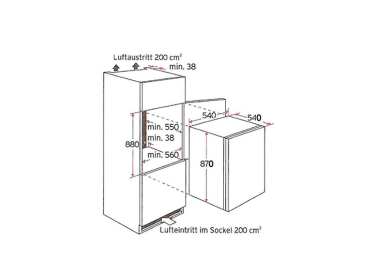 Ein Kühlschrank und ein Geschirrspüler mit Maßen.