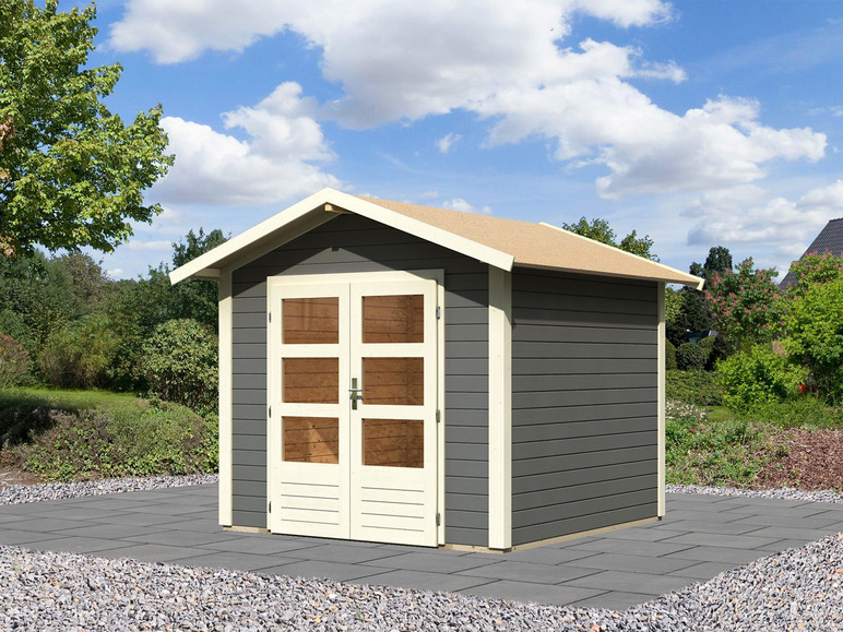 Ein graues Gartenhaus aus Holz mit Doppeltüren.