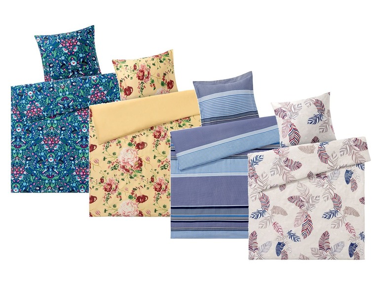 Drei verschiedene Bettwäsche-Sets mit Blumen- und Vogel-Muster, Streifen und Federn.
