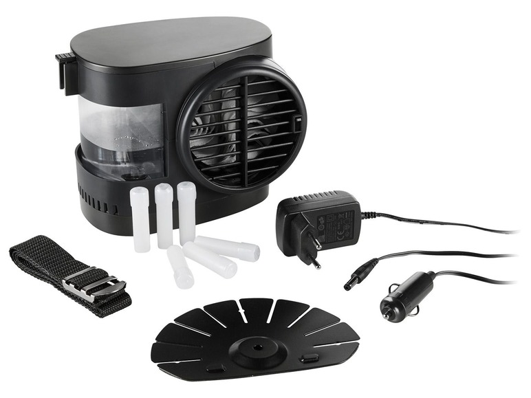 Eine tragbare Klimaanlage mit Wassertank, Ventilator und Zubehör.