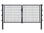 Ein schwarzes Metalltor mit Gitter.