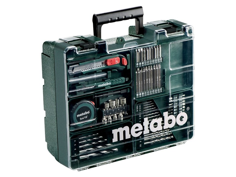 Ein Metabo Werkzeugkoffer mit Bohrer, Schraubendrehern und Maßband.
