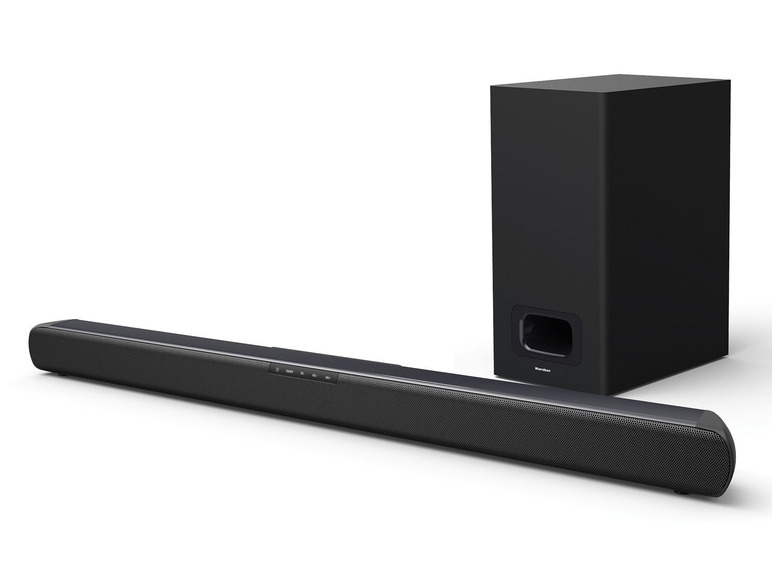 Eine schwarze Soundbar und ein Subwoofer der Marke 