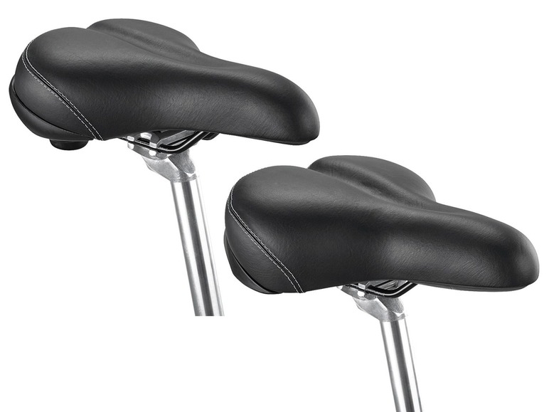 Zwei schwarze Fahrradsättel.