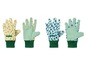 Vier Paar Gartenhandschuhe mit Herz-, Punkt- und Gartengeräte-Druck.
