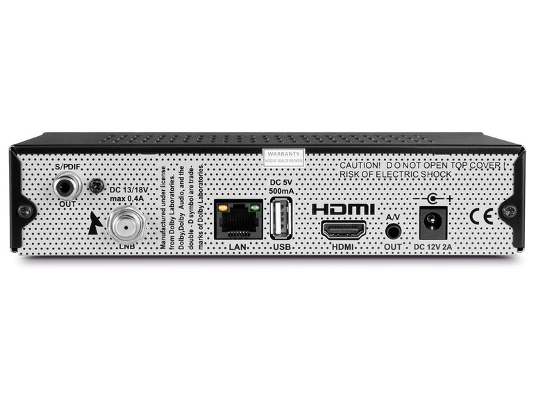 Rückseite eines Satellitenreceivers mit HDMI-, LAN- und USB-Anschlüssen.