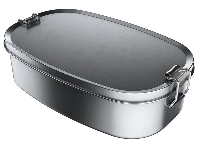 Eine silberne Metall-Lunchbox mit Verschluss.