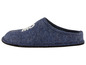 Ein blauer Woll-Pantoffel mit einem weißen 'Home'-Aufdruck.