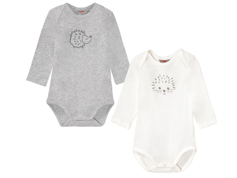 Zwei Kanz Baby-Bodys mit langen Ärmeln und Igel-Motiven.