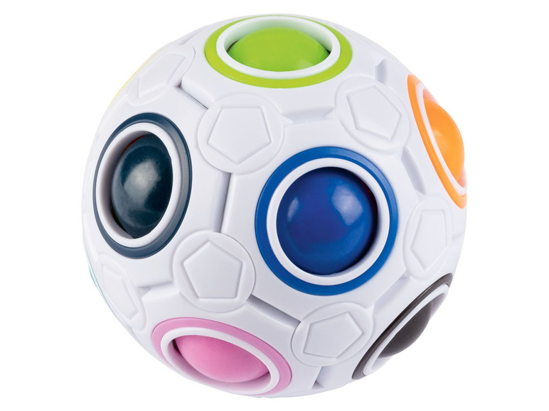 Ein weißer Fidget-Ball mit bunten Knöpfen.