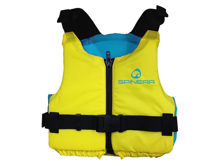 Eine gelbe Schwimmwesten von der Marke Spinera mit blauen Akzenten.