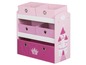 Rosa Spielzeugregal mit Schloss-Motiv.