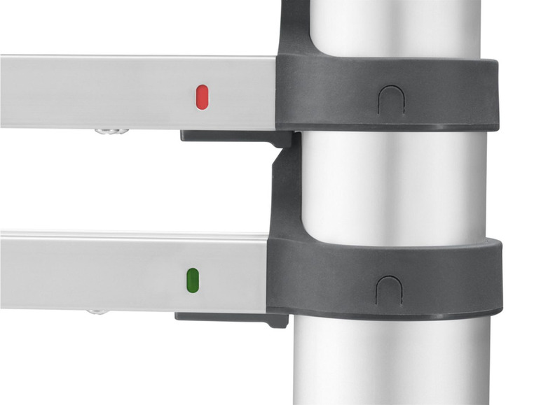 Zwei silberne Schienen mit roten und grünen Anzeigeleuchten.