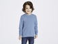 Ein Junge in einem blauen Pullover und Jeans.