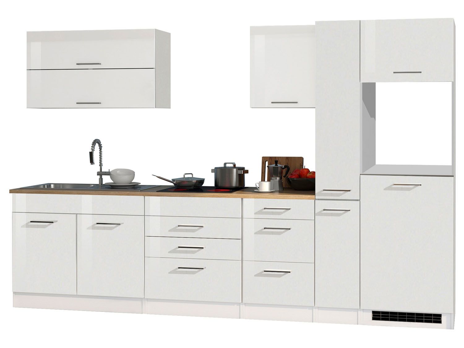 HELD Küchenzeile Mailand 220-390cm (ohne E-Geräte,Kühlschr.-Nische, Hochglanz-weiß/eiche sonoma, 320 cm) | 04251639434872