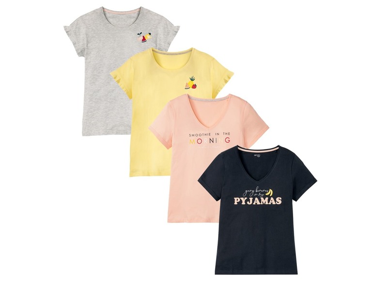 V-Ausschnitt T-Shirts mit Fruchtprint und dem Text 'going bananas in my pyjamas', 'smoothie in the morning'