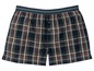 Blaue Boxershorts mit grünem und rotem Karomuster.