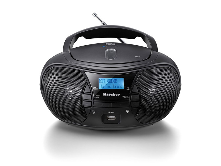 Ein schwarzes Karcher Radio mit Bluetooth und USB-Anschluss.