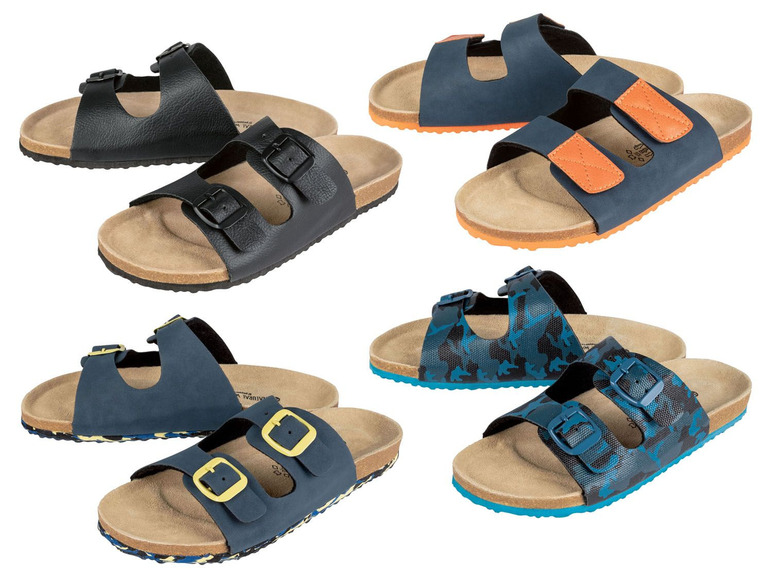 Schwarze, blaue und Tarnmuster-Sandalen mit Schnallen.
