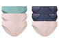 Ein Set aus sechs Slips mit Spitze in Hellblau, Dunkelblau und Rosa.