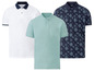 Drei Poloshirts von Livergy: weiß, hellgrün und dunkelblau mit Print