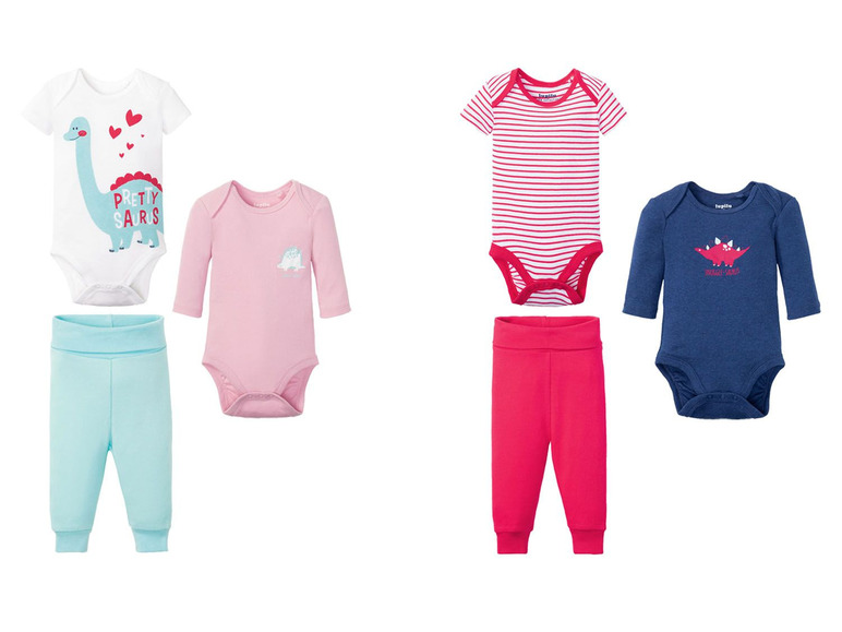 Baby-Outfit-Set mit Dinosauriern, Streifen und Hosen.