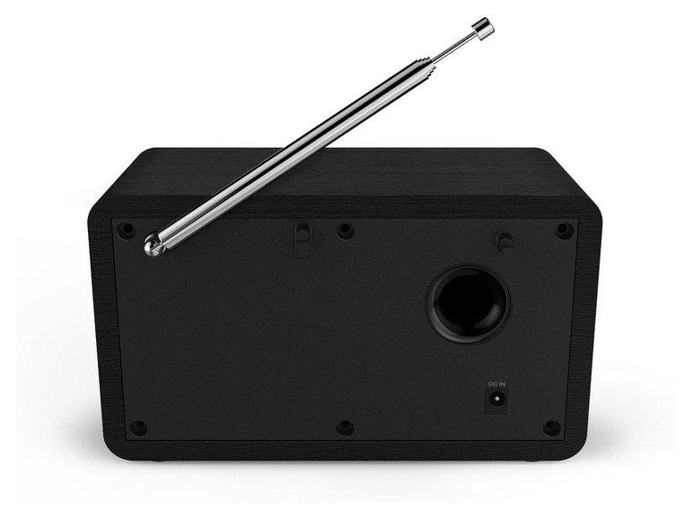 Rückseite eines schwarzen Radios mit Teleskopantenne.