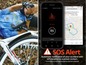 Ein verletzter Radfahrer mit Livall Helm und Fahrrad, einem Smartphone mit GPS-Standort und SOS-Benachrichtigung