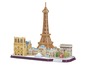 Ein 3D-Modell von Paris mit dem Eiffelturm, dem Arc de Triomphe und Notre Dame.