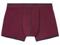 Ein Paar bordeauxrote Boxershorts mit dunkelblauem Saum.