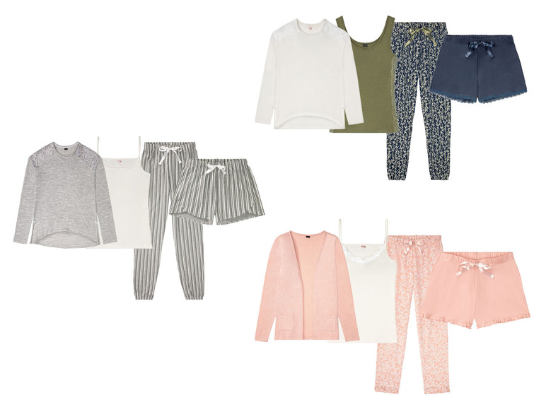 Drei Pyjama-Sets mit langen Ärmeln, Tanktop und kurzen Hosen.