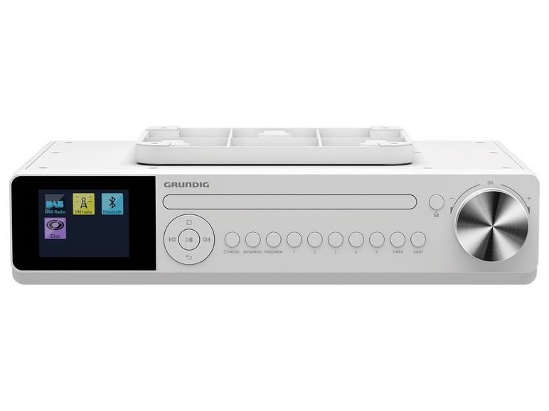 Ein weißes Grundig Radio mit DAB+, FM, Bluetooth und CD-Player.