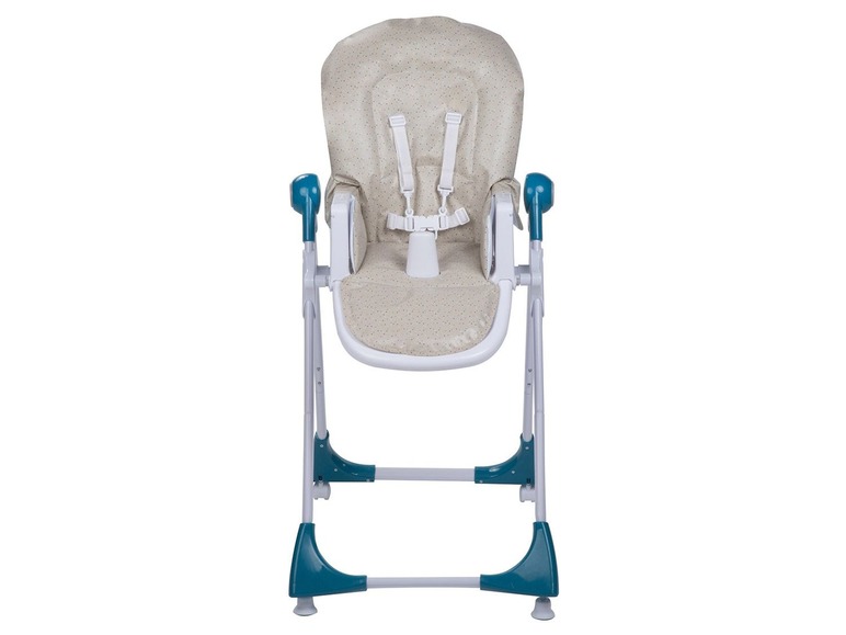 Ein beiger Hochstuhl mit blauen Beinen und einem Sicherheitsgurt.