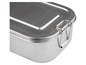 Eine silberne Metall-Lunchbox mit Verschluss.