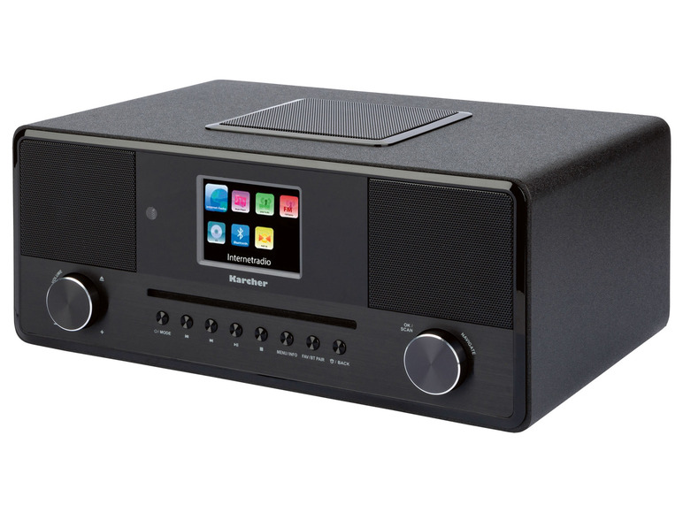 Ein schwarzes Karcher Internetradio mit CD-Player.