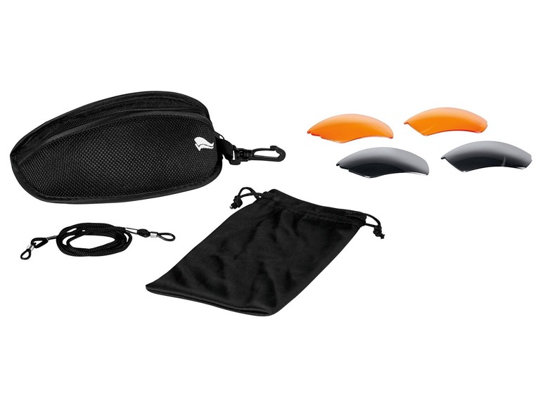 Eine Brille mit zusätzlichen Gläsern, einem Etui, einer Schnur und einer Tasche.