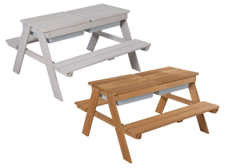 Zwei Holz-Picknicktische mit Aufbewahrungsboxen.