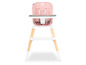 Ein rosa Hochstuhl mit Holzbeinen.
