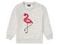 Grauer Pullover mit Flamingo-Motiv für Mädchen.