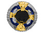 Ein goldener und blauer Beyblade mit einem silbernen Rand.