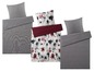 Drei Bettbezüge in Grau, einer mit Blumenmuster und einer mit Streifen