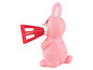 Ein rosa Kaninchenspielzeug mit einem roten Mund.
