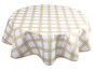 Ein runder Tischläufer mit einem beige-weißen karierten Muster.