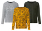 Drei Langarmshirts mit Blumenmuster, eines mit Glitzer und eines mit Gras