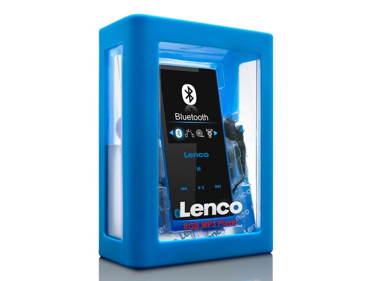 Eine blaue Verpackung mit einem Lenco Bluetooth MP3-Player und Kopfhörern.
