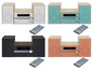 Vier verschiedene farbige Pioneer Micro-Systeme mit CD-Player, Radio und zwei Lautsprechern.