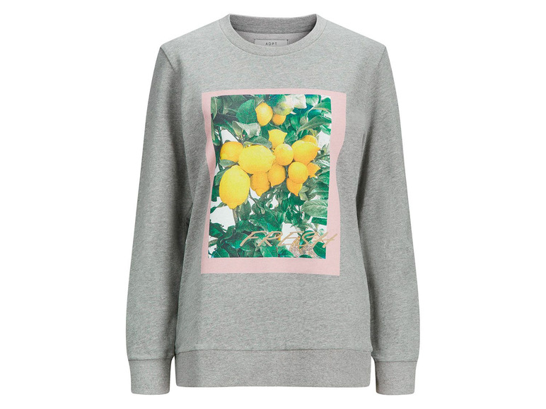 Ein grauer Pullover mit einem Zitronen-Print.