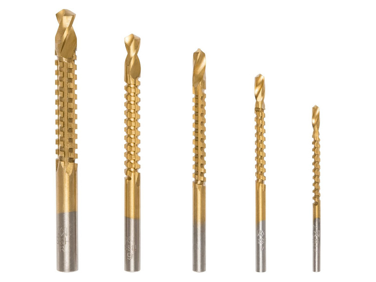 Ein Satz von sechs goldenen HSS-Bohrern.