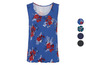 Ein blaues Tanktop mit rotem Blumenmuster.